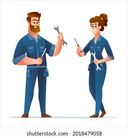 Professional male and female mechanic holding spanner and screwdriver characters set