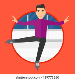 Professional Male Figure Skater Performing On Ice Skating Rink. Young Ice Skater Dancing. Male Figure Skater On Skates Indoor. Vector Flat Design Illustration In The Circle Isolated On Background.