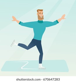 Professional male figure skater performing on the ice skating rink. Young hipster figure skater dancing. Caucasian male figure skater posing on skates. Vector flat design illustration. Square layout.