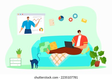 Professional male freelancer internet work laptop online workflow distance negotiation flat vector illustration, isolated on white.