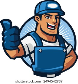 Professional Male Handyman in Blue Cap and Overalls Giving Thumbs Up