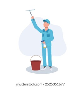 Professional Male Janitor in Blue Uniform Using Cleaning Spray and Wiper for Window Maintenance