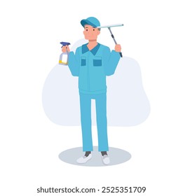Professional Male Janitor in Blue Uniform Using Cleaning Spray and Wiper for Window Maintenance