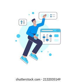 Professional male manager performing digital marketing campaign results analyzing graphic report vector flat illustration. Man marketologist mass media strategy development scheme chart