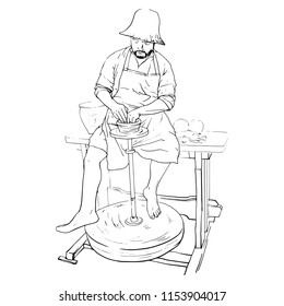 Professional male national potter working with clay on potter s mechanical wheel. Hand drawn illustration