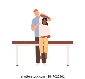 Professional Male Osteopath Making Massage To Woman Sitting On Couch. Rehabilitation Therapy Or Manual Therapy. Chiropractor Working. Flat Vector Cartoon Illustration Isolated On White Background