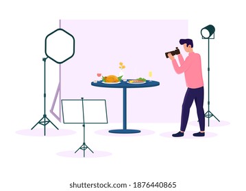 Professional male photographer making commercial shooting. Man using camera, lamps, tripod, background in studio to make photos of food look good and ready to sell. Flat cartoon vector illustration
