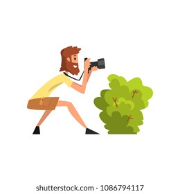 Professional male photographer paparazzi with camera hiding in ambush and making sensational shot vector Illustration on a white background.