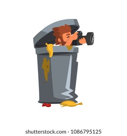 Professional male photographer paparazzi hiding in rubbish bin with photo camera vector Illustration on a white background