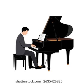 Professional Male Pianist Playing Grand Piano on Clean White Studio Background