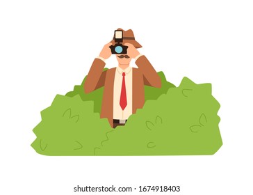 Professional Male Private Detective Hiding In Bushes Making Photo Vector Flat Illustration. Cartoon Funny Spy Photographing Use Camera Solving Crime Isolated On White. Colored Character Secret Agent