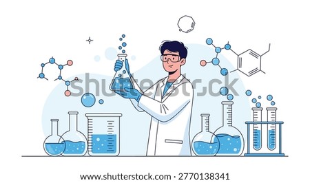 Professional male scientist conducting experiments with colorful liquids in a laboratory surrounded by chemical equipment and molecules.
