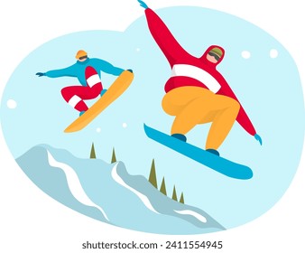 Professional male snowboard ride outdoor show alpine place, extreme hobby activity cartoon vector illustration, isolated on white. Concept athletic training, modern dangerous sporting event.