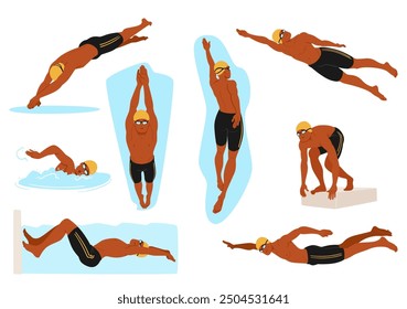 Professional Male Swimmers Character Showcasing Different Swimming Techniques, Including Diving, Freestyle, Backstroke, Starting Positions. Sports, Fitness, And Training Isolated Vector Conceptual Set