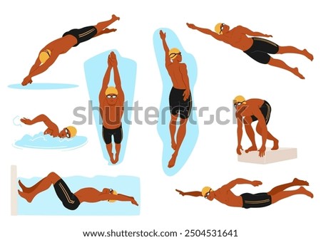 Professional Male Swimmers Character Showcasing Different Swimming Techniques, Including Diving, Freestyle, Backstroke, Starting Positions. Sports, Fitness, And Training Isolated Vector Conceptual Set