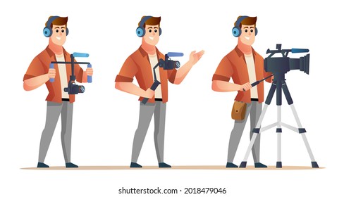 Professional male videographer character set in various poses