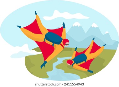 Professional male with wingsuit flying extreme hobby activity cartoon vector illustration, isolated on white. Modern dangerous sporting event, concept couple outdoor parachute jump.