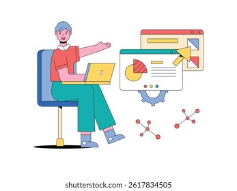 Professional male working on project, research data innovation. Design character. Vector flat illustration