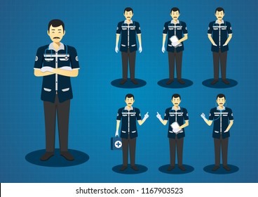 The professional man ambulance driver and uniform short black hairs all action character design set 