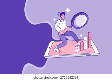 Un hombre profesional que analiza un gráfico de barras ascendente en una pantalla de teléfono inteligente con una lupa gigante, que representa la investigación comercial, el análisis de datos y las perspectivas del mercado financiero.