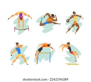 Professional Man Athlete Running, Jumping, on Barbell and Discus Throwing Vector Set