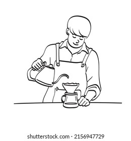 Professional man barista is making drip brewing illustration vector hand drawn isolated on white background line art.