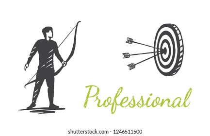 Professional. A man with a bow stands in front of the target. Vector business concept illustration, hand drawn sketch.