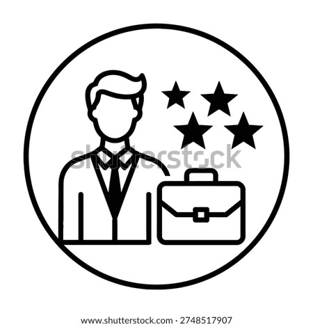 Professional man with briefcase and five stars rating icon in circular frame symbolizing excellence and high quality service