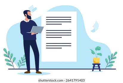 Professional man or businessman holding a laptop and reviewing a large document or contract. Writing text and author concept in flat design vector illustration on white background