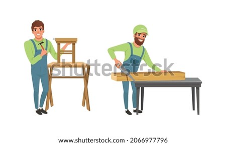 Professional Man Carpenter in Overall Hammering Nail and Sawing Wooden Block Vector Set