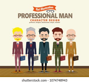 Professional man character in flat design, five different occupations in formal suit