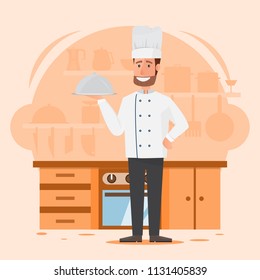 professional man chef with restaurant kitchen background. people cartoon characters.