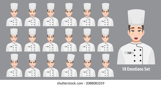 Chef profesional en uniforme con diferentes expresiones faciales aislado en ilustración vectorial estilo caricatura