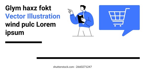 Hombre de Profesional con Portapapeles apuntando, Carrito de compras digital en la burbuja del discurso. Ideal para comercio electrónico, soluciones de negocios, marketing digital, venta minorista en línea, presentaciones, Diseño web, ventas