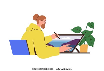 Diseñador profesional de hombres trabajando en editor gráfico en diseño digital de planos de computadora con stylus