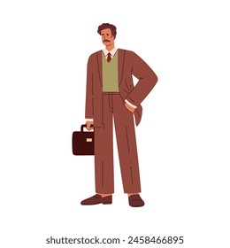 Professional man from an earlier era. Vector illustration of a male in a vintage suit and carrying a briefcase, epitomizing classic style.