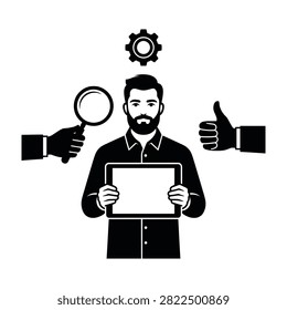 Professional man holding a blank screen tablet surrounded by business icons including a search magnifying glass and a like hand gesture sign in minimal black style.