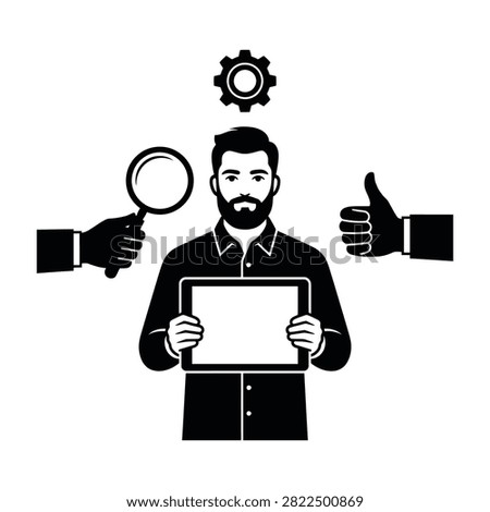 Professional man holding a blank screen tablet surrounded by business icons including a search magnifying glass and a like hand gesture sign in minimal black style.