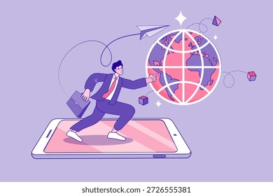 A professional man holding a briefcase running on a giant smartphone towards a digital globe, symbolizing business expansion, global connectivity, and modern digital communication. - Powered by Shutterstock - Get 15% off with code: PIKWIZARD15