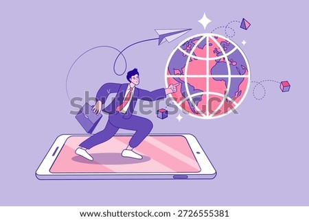A professional man holding a briefcase running on a giant smartphone towards a digital globe, symbolizing business expansion, global connectivity, and modern digital communication.