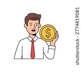 Professional man holding large dollar coin sign happy business success illustration Vector