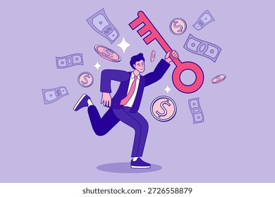 Un hombre profesional que sostiene una Grande llave rodeado de dinero que cae, simbolizando la libertad financiera, el éxito de la inversión y el desbloqueo de nuevas oportunidades de negocio.