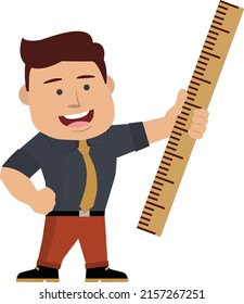 Professional man holding large ruler. Very cool! Vector.