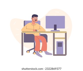 Professional man in home clothes sitting at table, looking at computer screen and talking online. Cartoon character working from home. Vector flat illustration in pink and purple colors