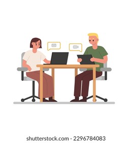 Professional man and lady sitting at table, working on laptop, chatting and holding online conference. Work in social networks. Successful teamwork in office. Vector illustration in flat design