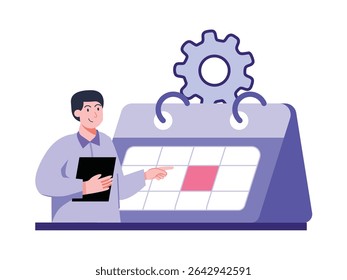 Professional man in a light blue shirt pointing to a pink square on a blue calendar, with a blue gear icon above it, suggesting planning and organization for business, education, or marketing visuals.