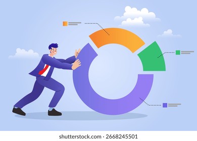 A professional man manages a pie chart, a vector illustration for business management, data analysis, resource allocation, and market share strategy in a corporate report.