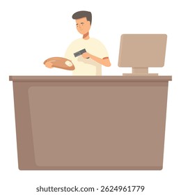 Professional man at an office desk uses a handheld scanner on a paper document near a computer