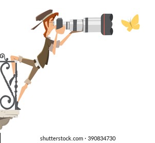 Professional man photographer paparazzi with big camera lens standing on a balcony and shoot take pictures butterfly. Color vector illustration.
