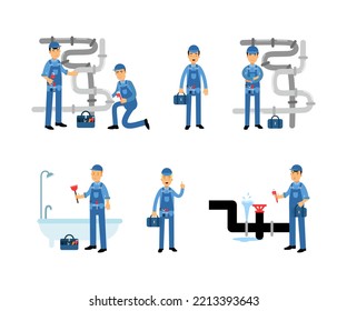 Professional Man Plumber Character in Blue Overalls with Tool Box Repairing and Fixing Plumbing Equipment Vector Set